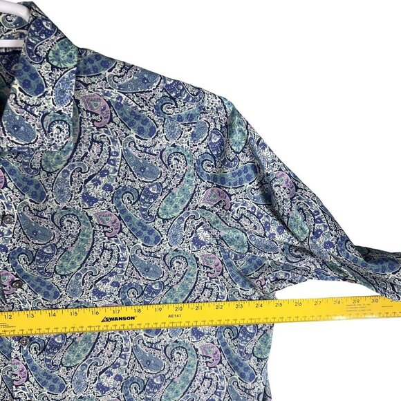 70s Psychedelic Blue Purple Paisley Long Sleeve Mens Button Up Shirt Italy Woven - Picture 12 of 15